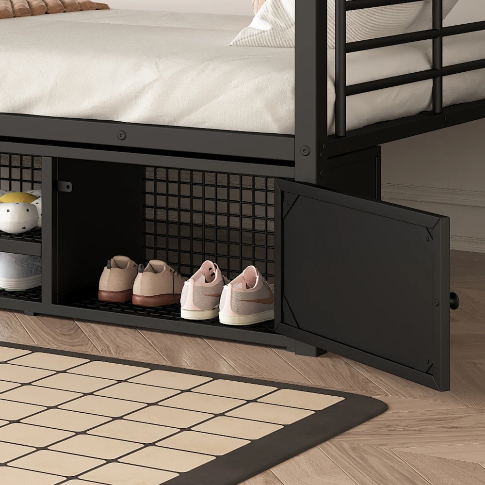 90 x 200 cm großes Bett mit Eisenrahmen, Schuhschrank, kleiner Aufbewahrungsschrank mit Doppeltür, Kinder-Etagenbett mit Seitenleiter und Fallschirmgitter – Detail 25