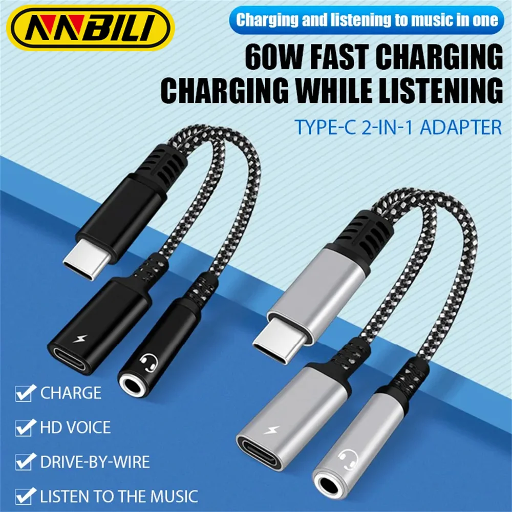 NNBILI PD 60W 2in1 Type C To Headphone Jack Adapter Type C