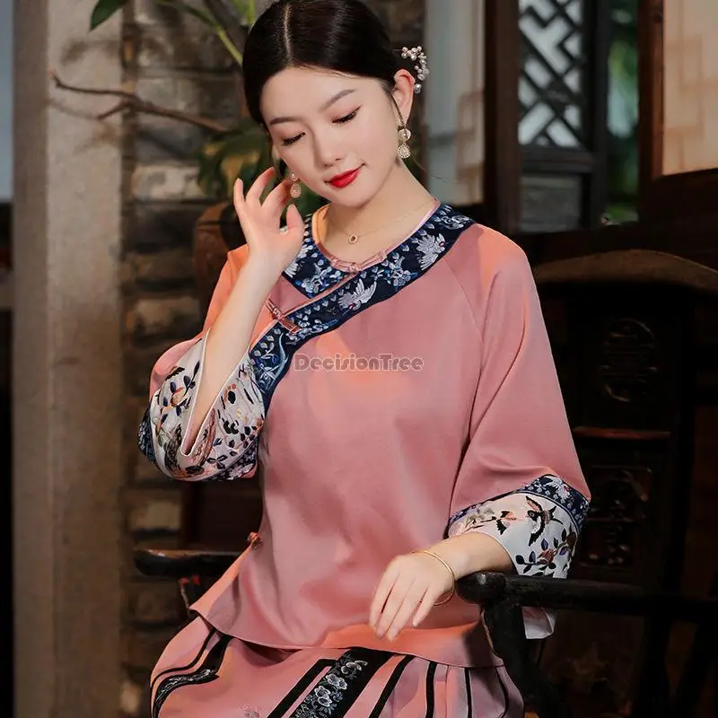 

2023 retro chinese style flower printed tang outfit tea top women short casual round collar improved qipao cheongsam blouse g453