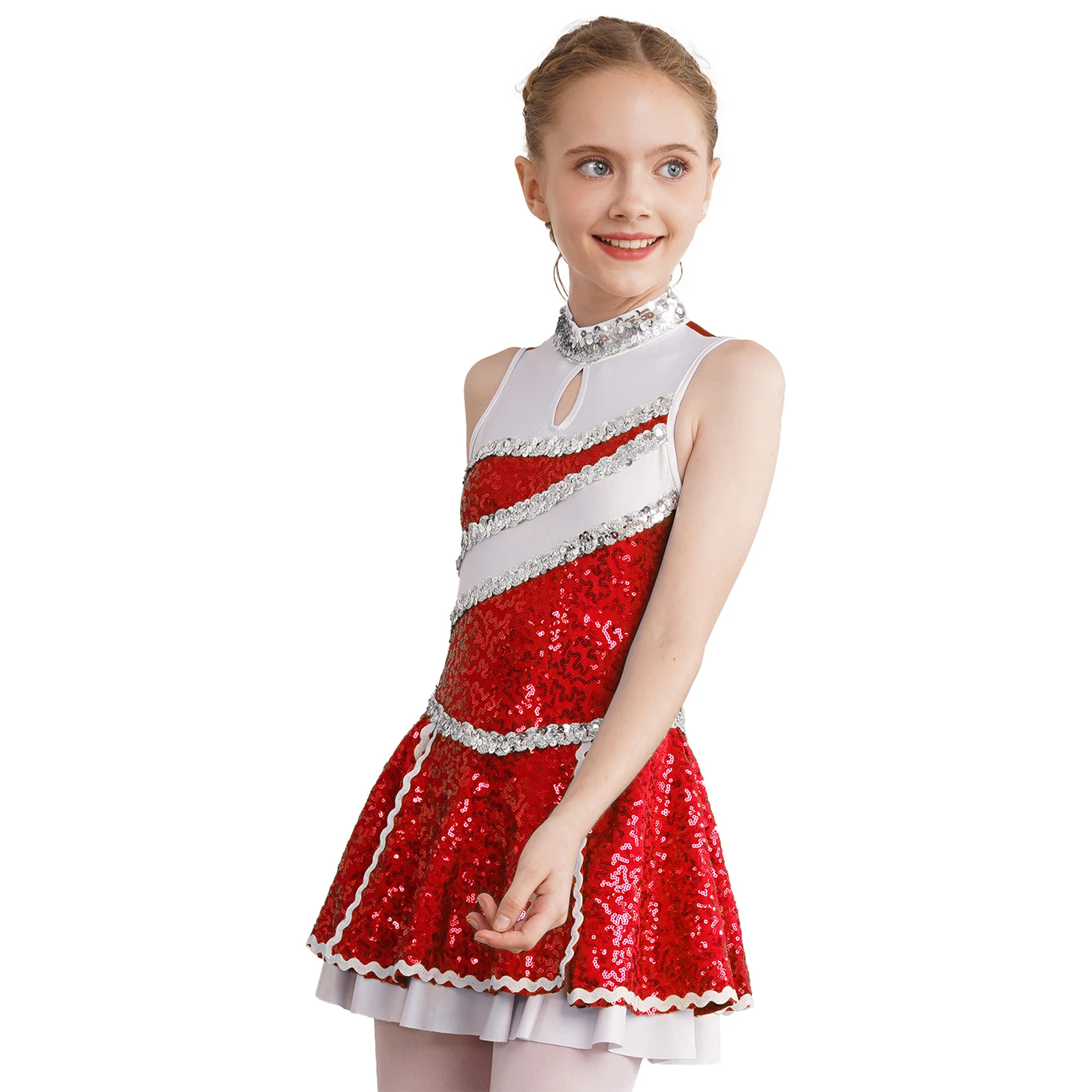 Kids Girls Cheerleading Uniform Schoolgirl Dance Costume Sleeveless Shiny Sequins Dance Dress Cheer Figure Skating Ballet Dress