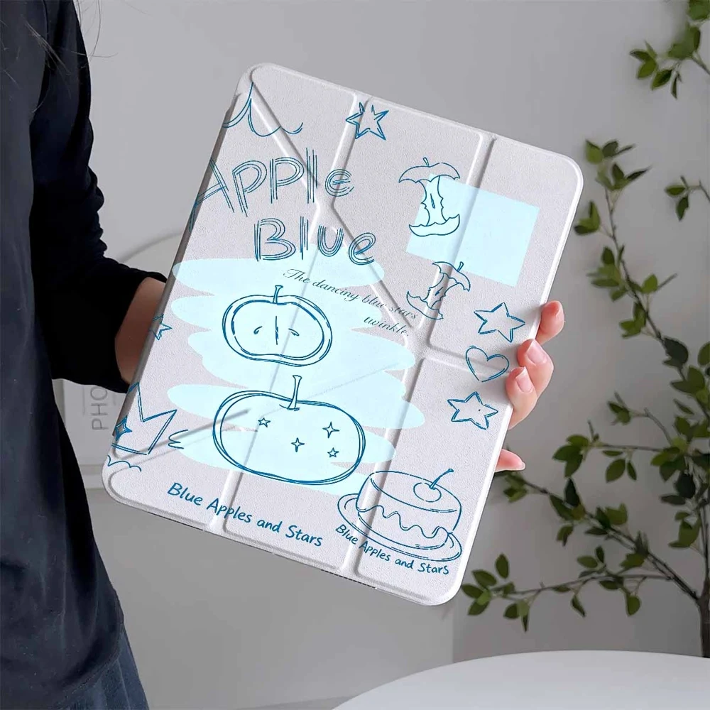 Blue Apples and Stars Design Protective Tablet Case with Pen Slot