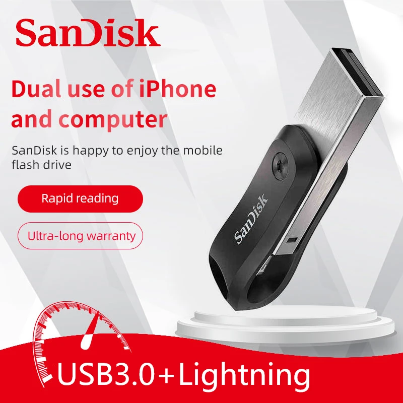 SanDisk 256 Go iXpand Go, Clé USB, avec connecteurs Lightning et USB 3.0,  pour iPhone/iPad, PC et Mac