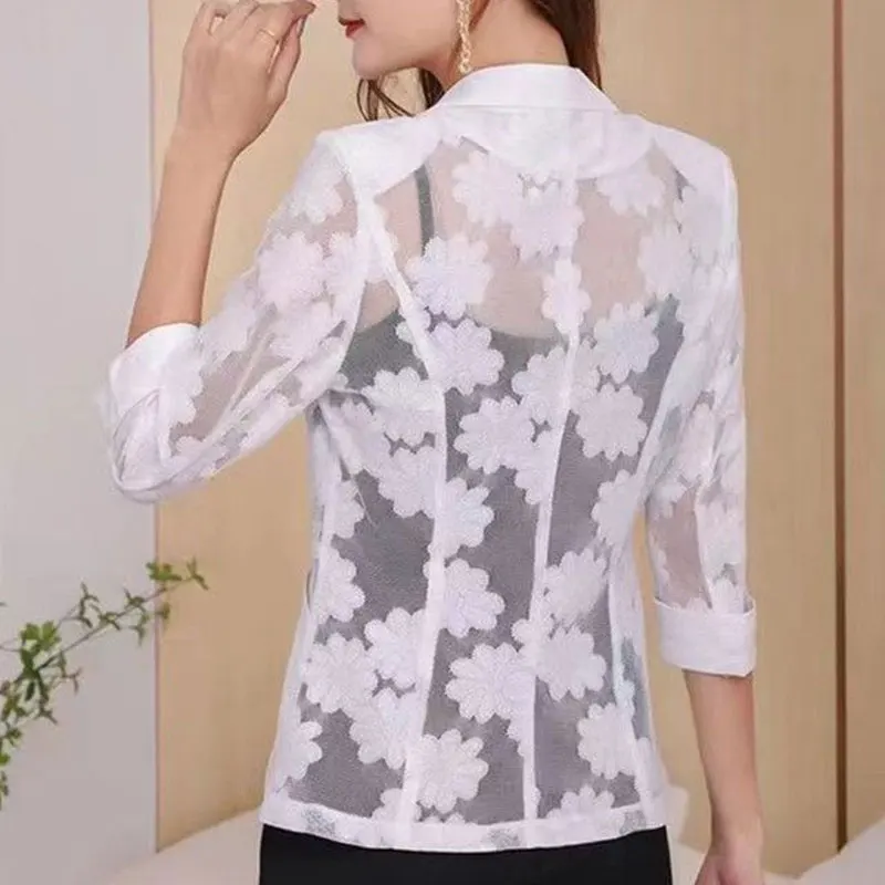 Summer Thin Floral Lace Sheer Tailored Collar Blazers Stylish Single Button Women's Slim Casual Pockets Spliced 3/4 Sleeve Suits