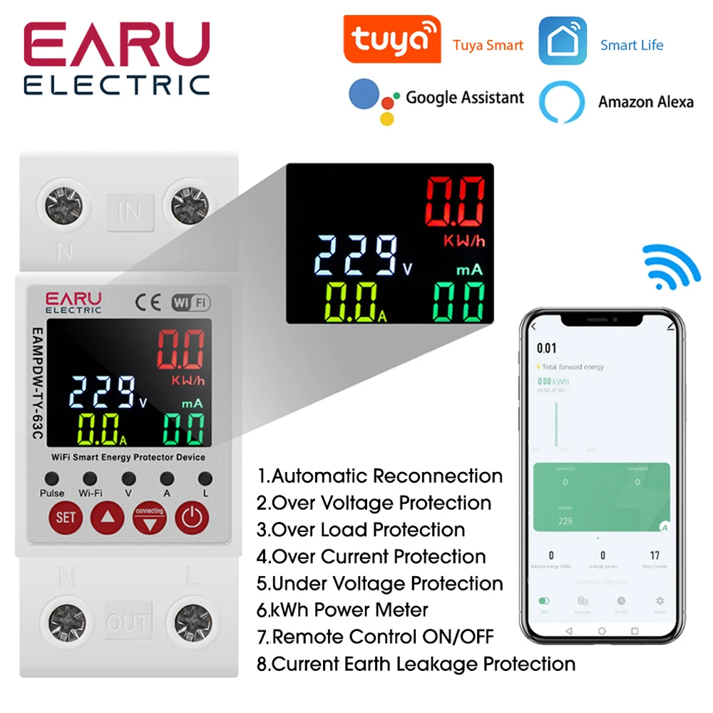 Tuya Wifi Medidor de Energia Inteligente Potência Kwh Vazamento de Terra sobre sob Protetor de Tensão Dispositivo de Relé Disjuntor 63a ac 230v