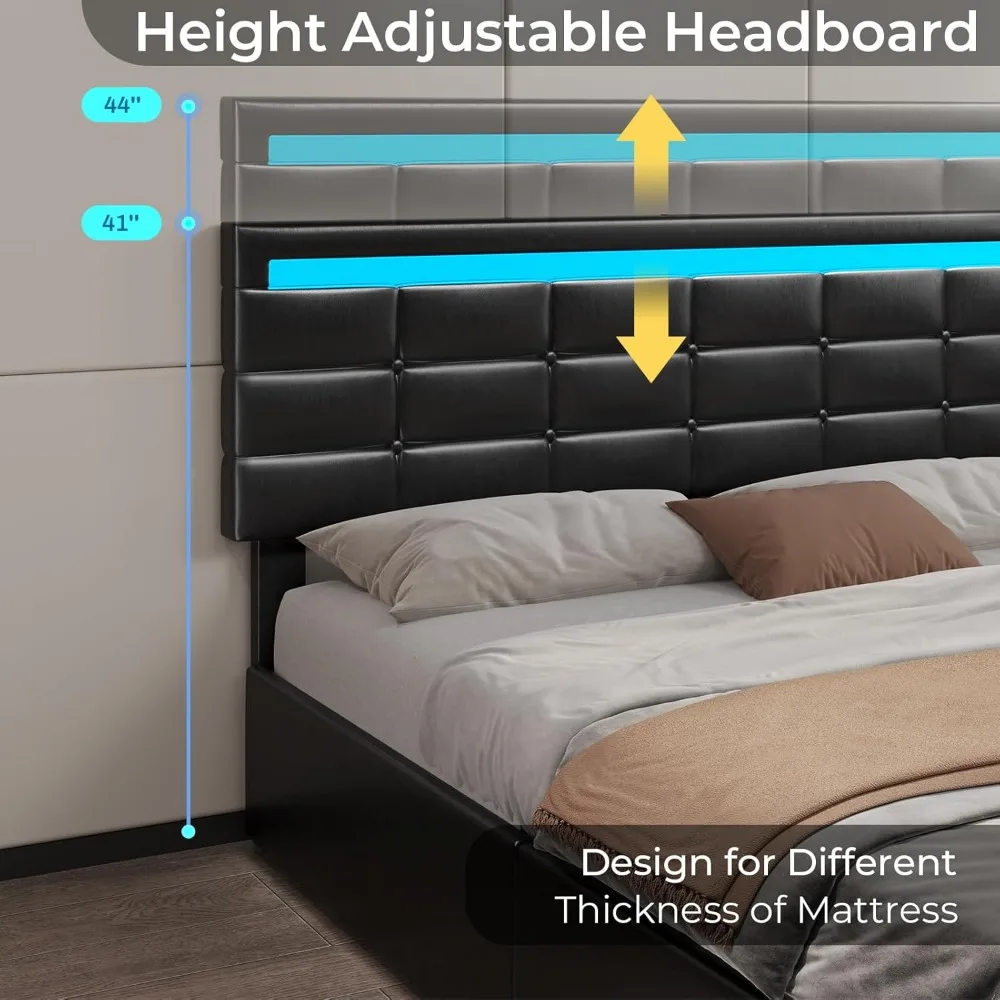 ADORNEVE Full Size Bed Frame with Storage Drawers, LED Lights Headboard Footboard, Upholstered Leather Platform LED Bed Frame wi