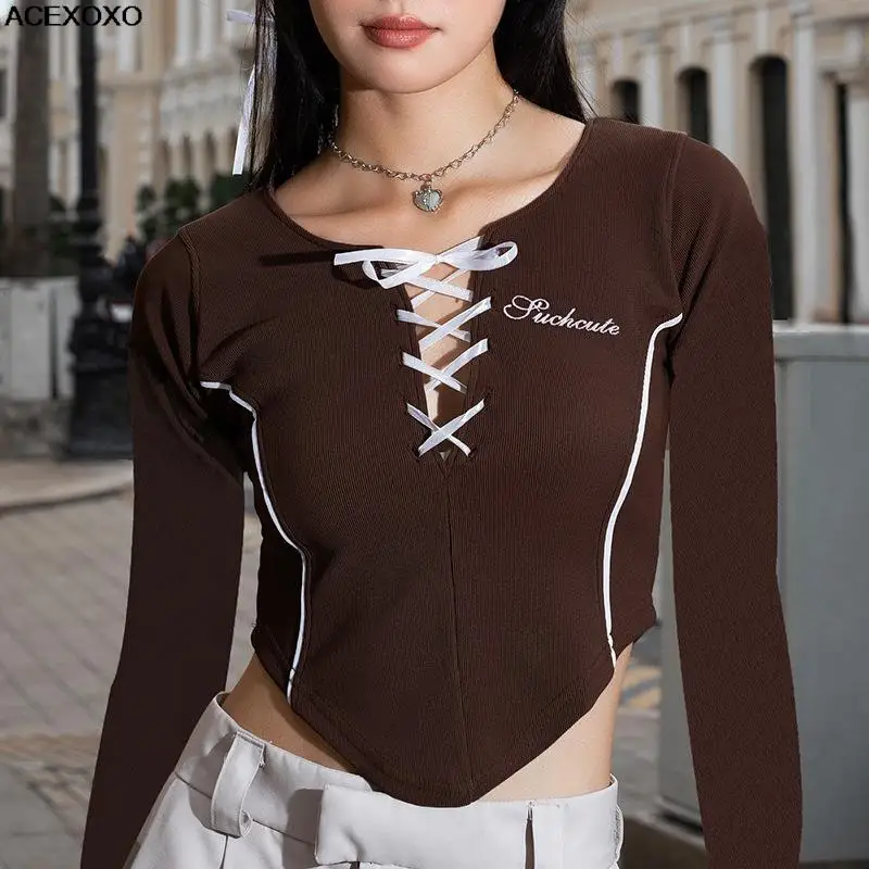 

Y2K Style Embroidered bundle slim irregular skirt vintage brown long sleeve T-shirt coat 2023 new