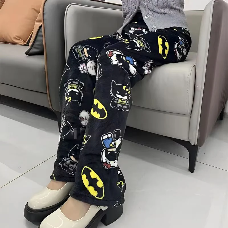 New Kawaii Y2k Autumn Hello Kitty Batman Pajama Pants Cartoon Hip Hop Ladies Warm Casual Flannel Cute Pants Plush Style Clothing