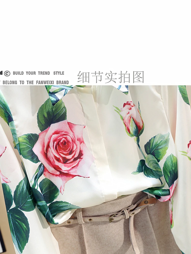 Spring Autumn Women's Long-Sleeved Shirt Rose Flower Shirt All-Match  Printed Tops Blouse Women (Color : White, Size : XX-Large)