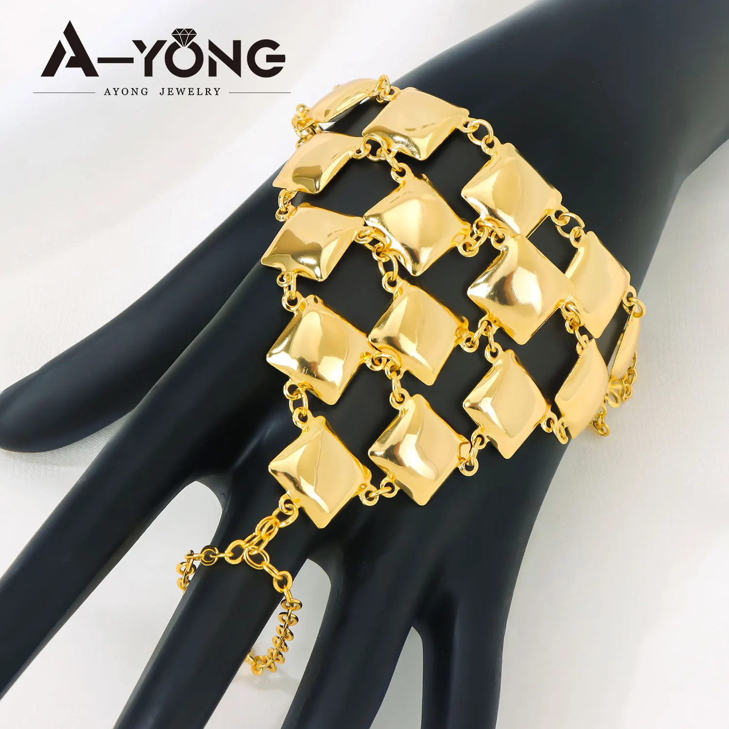 Dubai Gold Schmuck Armband mit Fingerring 21k Vergoldet Arabisch Muslimisch Schicke Armreifen Oman Frauen Hochzeit Party Schmuck