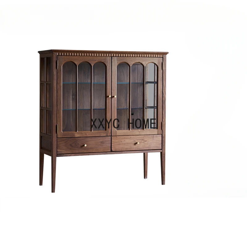 

Customized Solid Wood Glass Wine Cabinet Vintage Display Cabinet Guest Restaurant with Light Side Cabinet Ceramic Storage