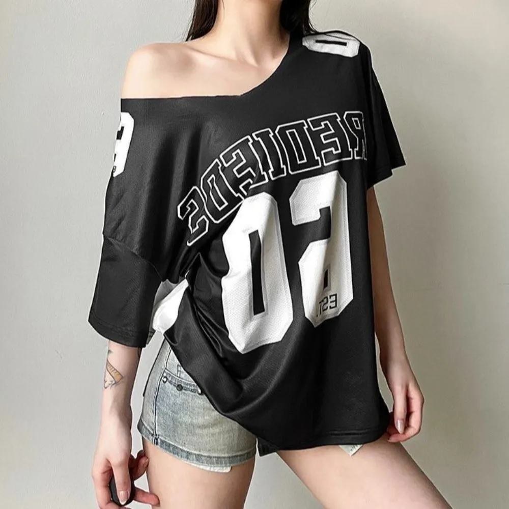 Asymmetry Sporty Casual T-shirt English Letter Atmosphere Style Short Sleeves Top Casual Versatile Harajuku Short Sleeved Party