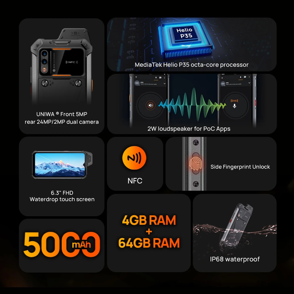 ATEX Explosion-proof IP68 Smartphone UNIWA W888 4GB 64GB Andriod 11 6.3 Inch NFC Cellphone Walkie Talkie 4G Mobile Phone 2