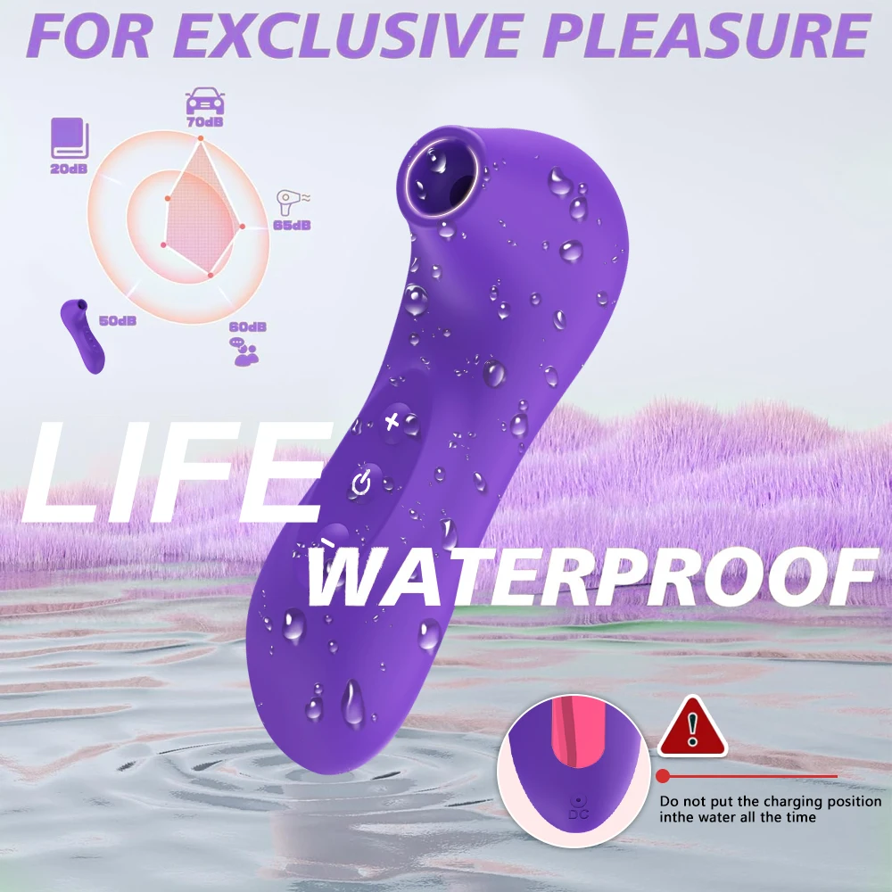 Lilla Vaikne nibude stimuleerija veepiisadega kaetuna, asetatud veepinnale, pastelne taust. Toote kõrval on graafiline võrdlus helide detsibellide kohta ja märkus laadimispositsiooni kohta.