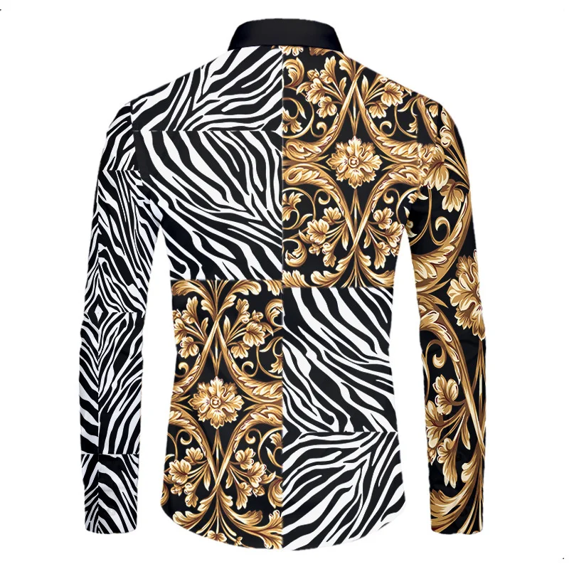 thumbnail image 1 of Camisas de manga corta con botones y estampado 3D de lujo de alta gama con patrón dorado para hombres, blusas de estilo callejero de moda, atuendos de hip hop, 1 of 5