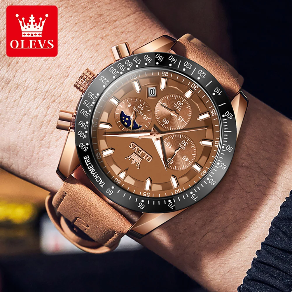 OLEVS Men's Quartz Watch New Original Date Calendar Moon Phase Waterproof Luminous Brown Leather strap Quartz Watch for Men