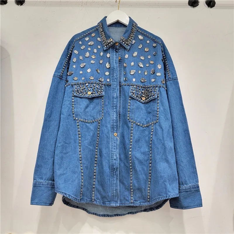 

Fashion Beaded Diamond Spring Fall Women Cowboy Shirt Jacket Loose Casual Lapel Long Sleeve Blue Jeans Jacket Female Veste Femme