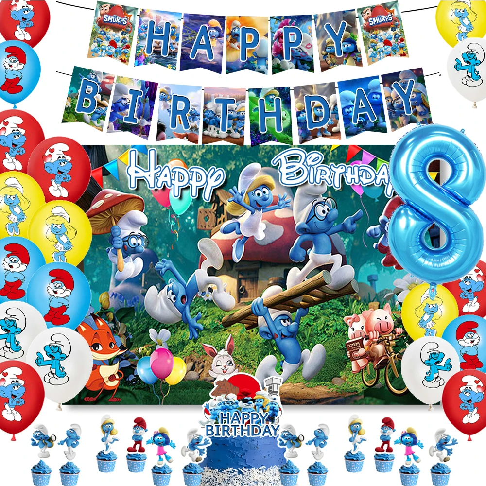 Birthday Backdrop Party Backdrop Curtain Party Decoration Party Supplies Cute Forest-S&Smurfes-Theme Kids Birthday Party Number Balloon Banner Background Cake Topper Decoration Supply Baby Shower Gifts