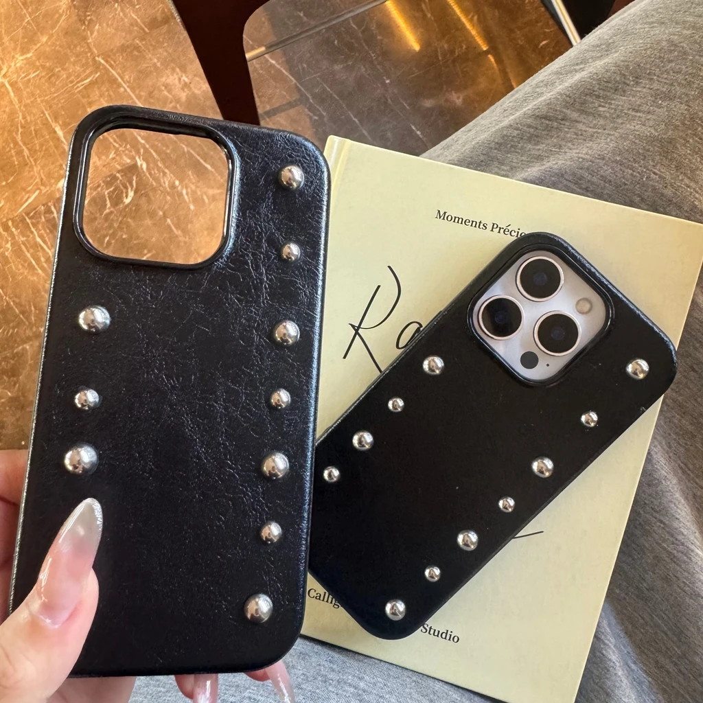 Advanced Black Leather Shock Proof Phone Cover with Stereoscopic Metal Rivets and Round Bead Design