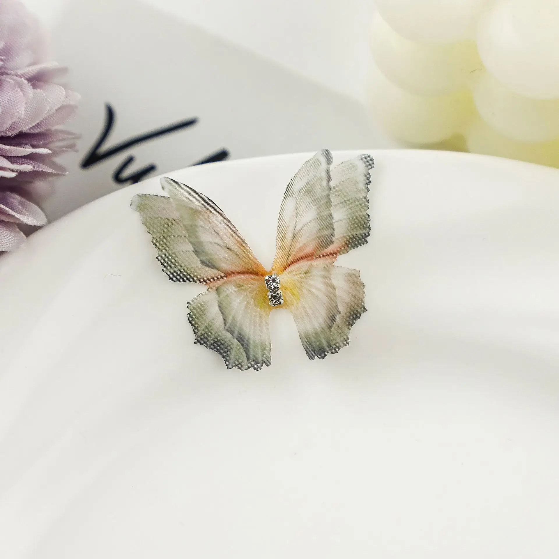 100Pcs 4.5Cm Tulle Butterfly With Rhinestone For DIY Making Clothing Party Festival Decor Handmade Craft Accessories