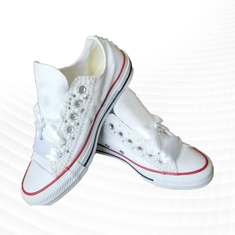 

White pearl ribbon handmade custom low top canvas shoes Walking sports casual plus size women 35-46