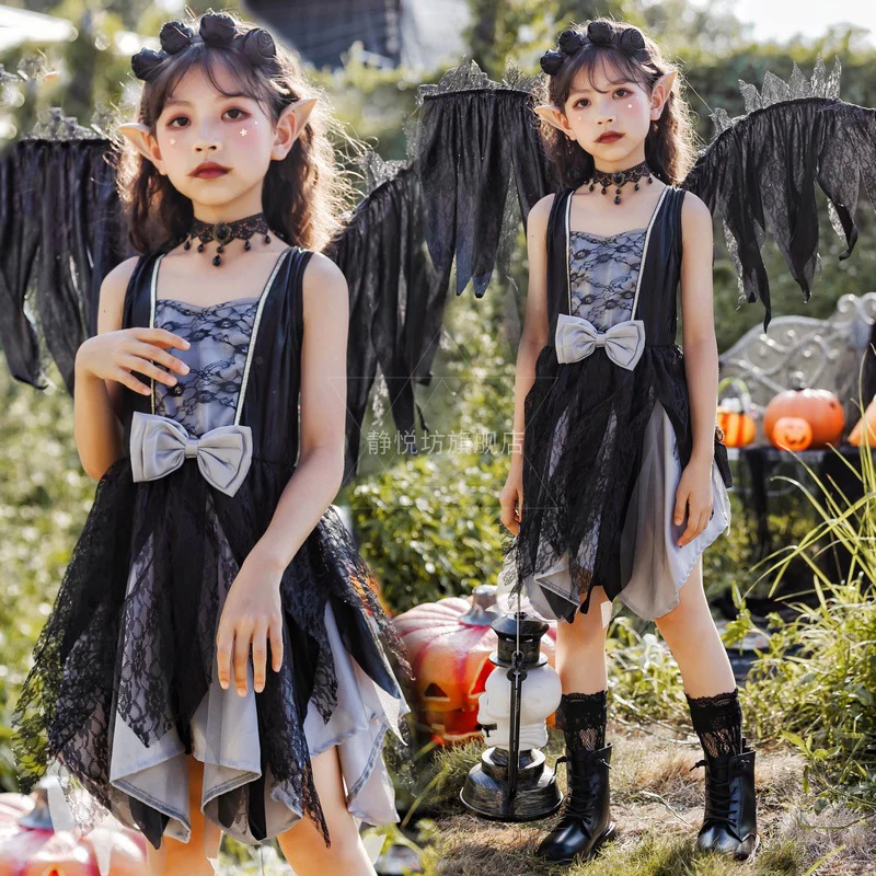 

Halloween Children Witch Cosplay Costume Gothic Black Angel Elf Dress Wings Multi Piece Set Anime Disfraz Performance Clothing