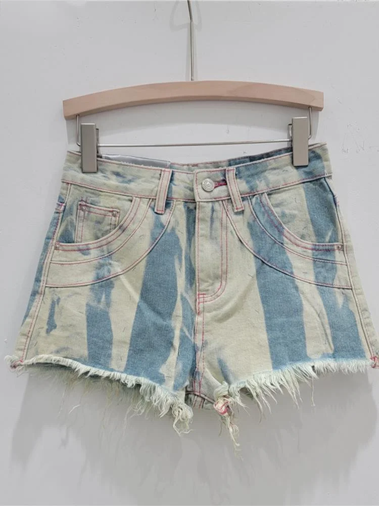 

Streetwear Hem Burrs Striped Denim Shorts For Women Fashion Sexy All-match Short Jeans Female 2023 Summer New Trend Y921