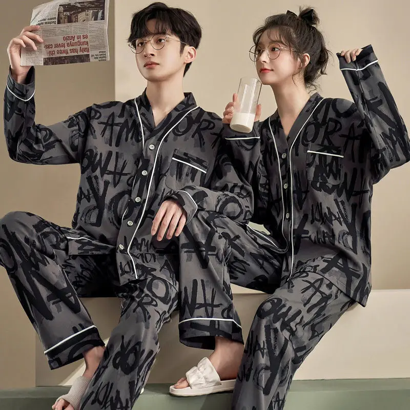 커플 잠옷 100% 면 2023, 여성 잠옷, 가을과 봄 v넥 버튼 가디건, 라운지웨어, 여성 및 남성 잠옷