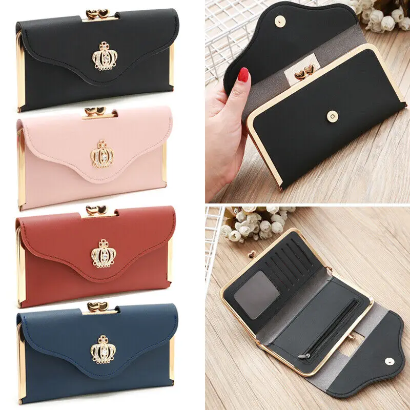 

Fashion PU Leather Wallet Women Long Hasp Purse Crown Rhinestone Envelope Pouch Card Holder Case Ladies' Evening Clutch Bag