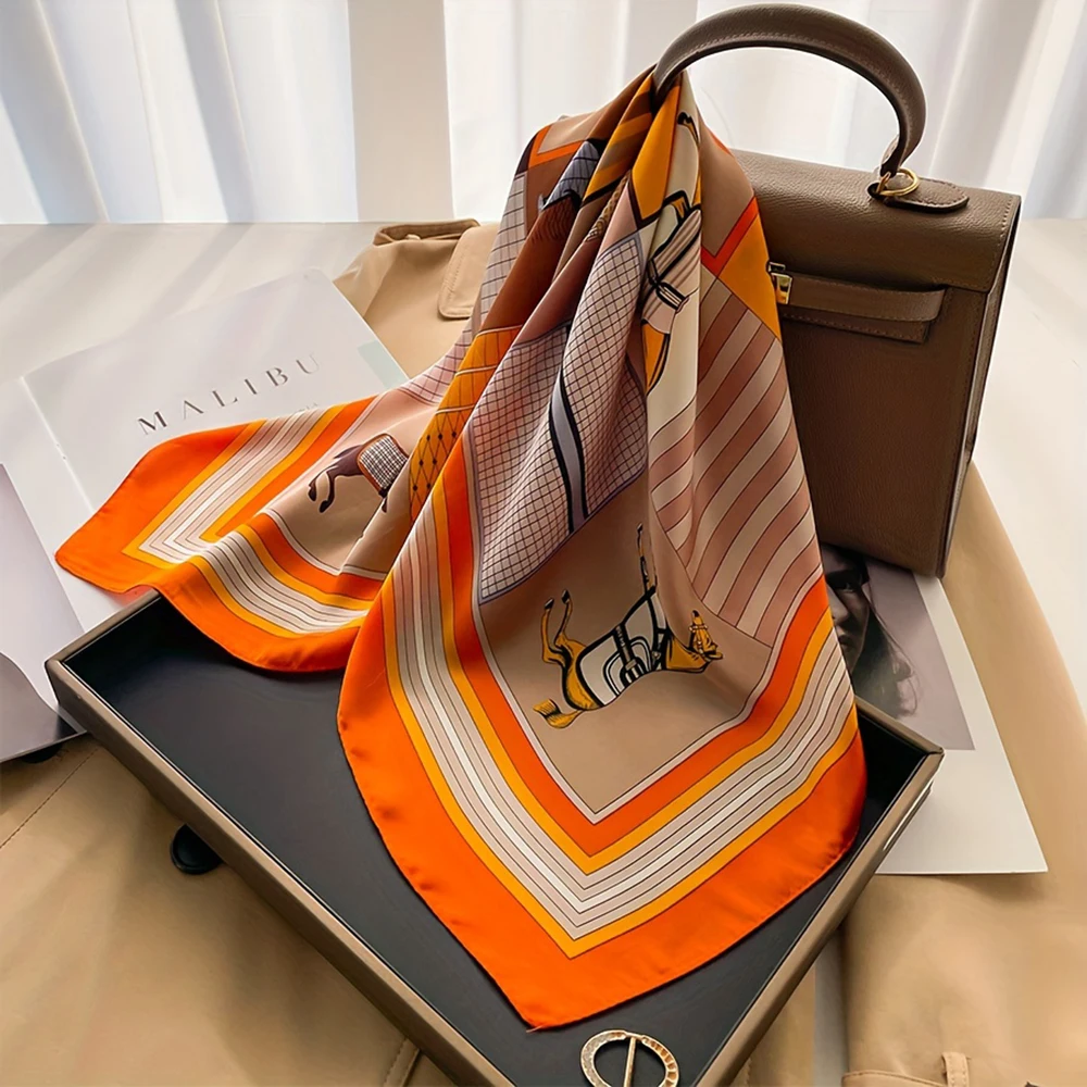 Luxus Pferd Muster Seide quadratischen Schal Frauen weichen Satin Haarband Halstuch Büro Hijab Stirnband Foulard Tasche Bänder Geschenk – Detail 2