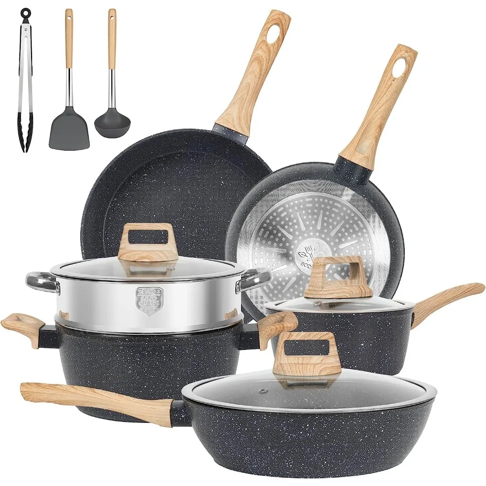 

12pcs Pots and Pans Set Non Stick Kitchen Cookware Sets Induction Cookware Nonstick Granite Cooking Set with Frying Pans,