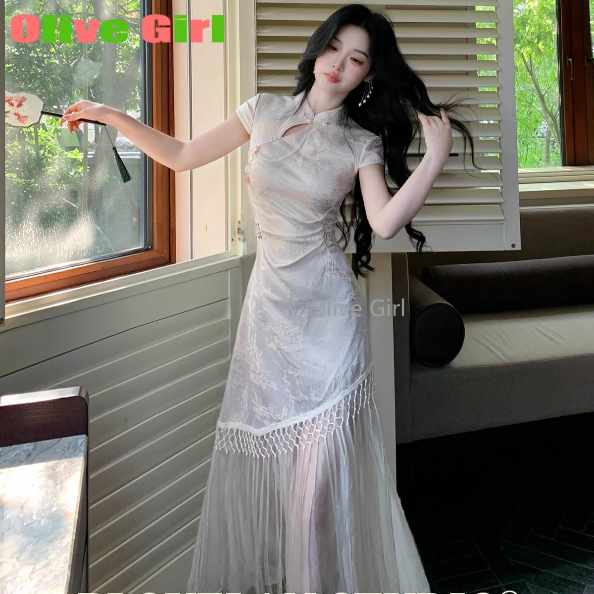 chinese dress ladies White Lace Midi Bride Qipao Cheongsam Dress