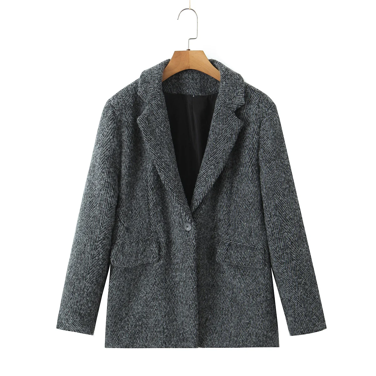 2 Pieces 1 Set CHILL Notched Tweed Weave Oversized Blazer High Waist Package Hips A-line Mini Skirt Suits Matching Gray