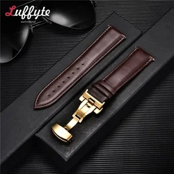 Elegant Leather Watchband with Automatic Butterfly Clasp - 22mm (Brown - Gold)