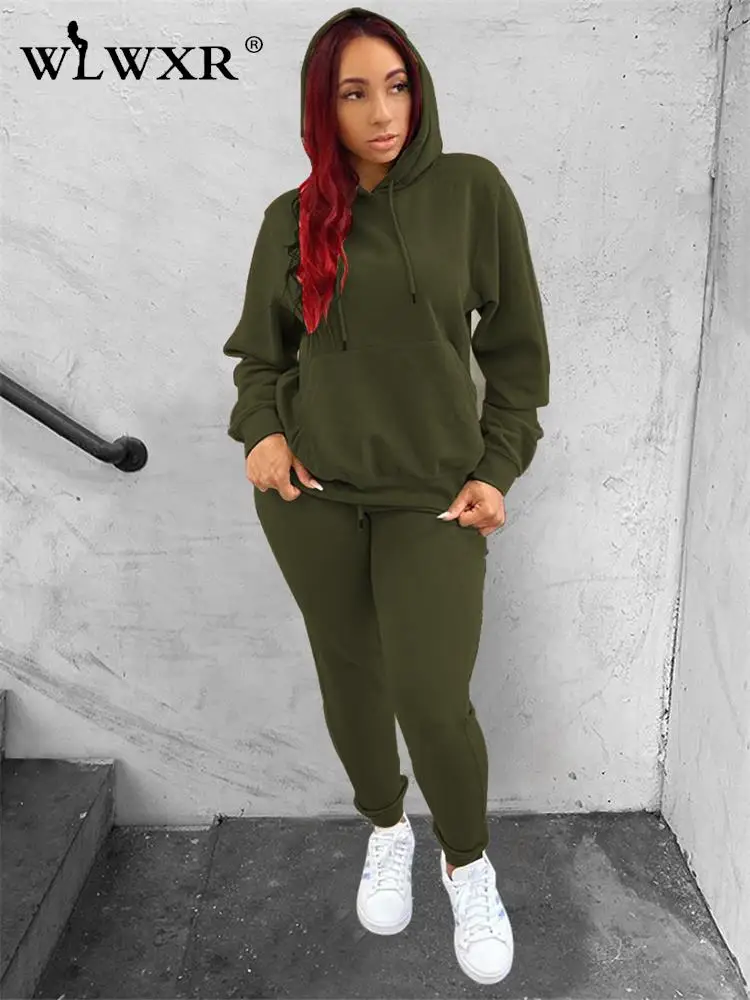 

WLWXR Fall Casual Khaki Tracksuit Two 2 Piece Sets Womens Outifits Long Sleeve Pockets Hoodiea Skinny Pants Matching Sets Female