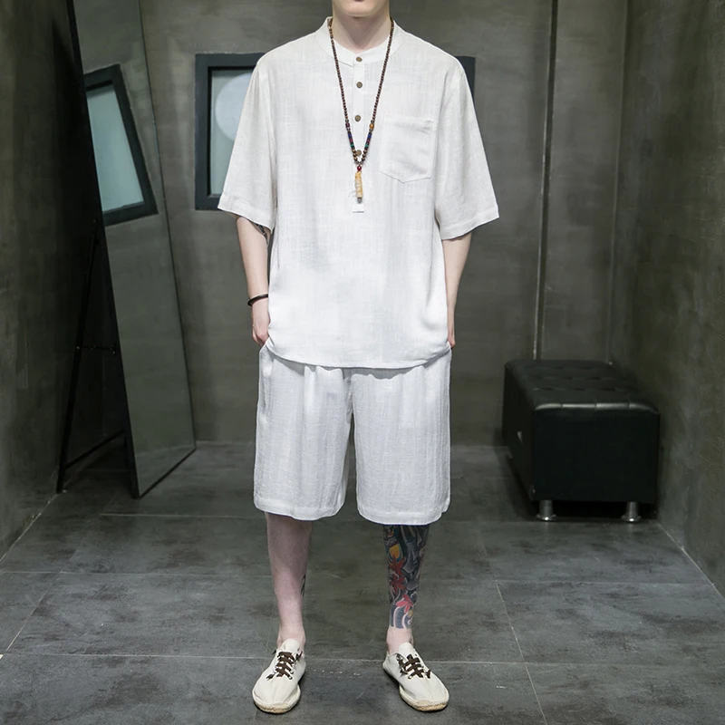 

Shirt+Shorts Men Summer Loose Sets Sinicism National Style Tang Suit Linen Sets Men Solid Short-sleeved Shirt Knee-length Shorts