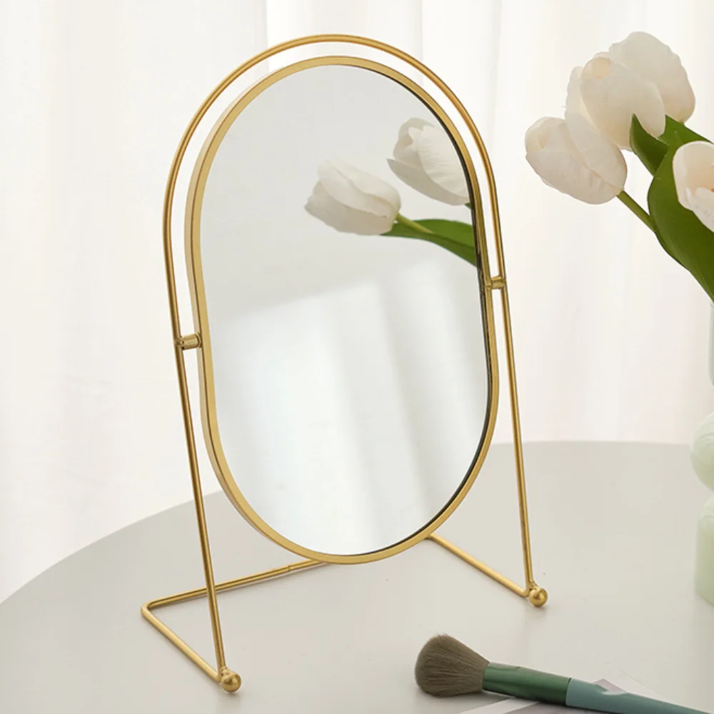 Beauty Iron Art Nordic Makeup Mirror Iron Frame Oval Vanity Mirror Direct Color 360° Rotatable Desktop Stand Mirror Women