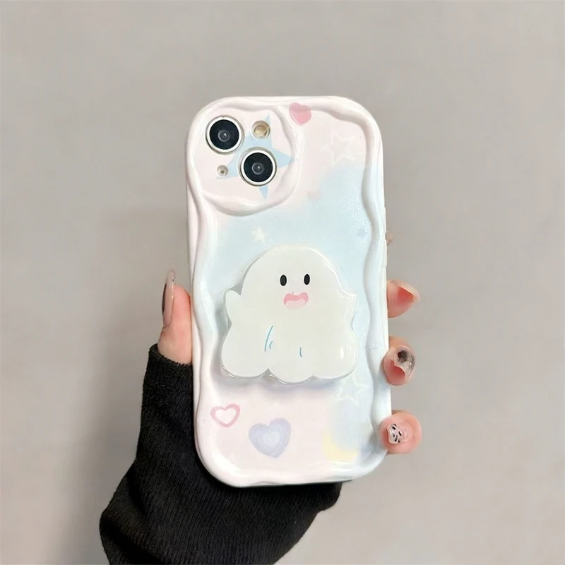 White Ghost Stand Holder Wave TPU Soft Phone Case