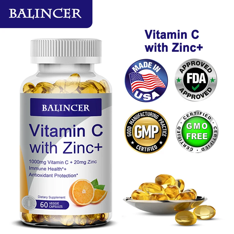 Vitamin C with Zinc Supplement Capsules - 1000 Mg Vitamin C, 20 Mg Zinc, Non-GMO, Gluten-Free