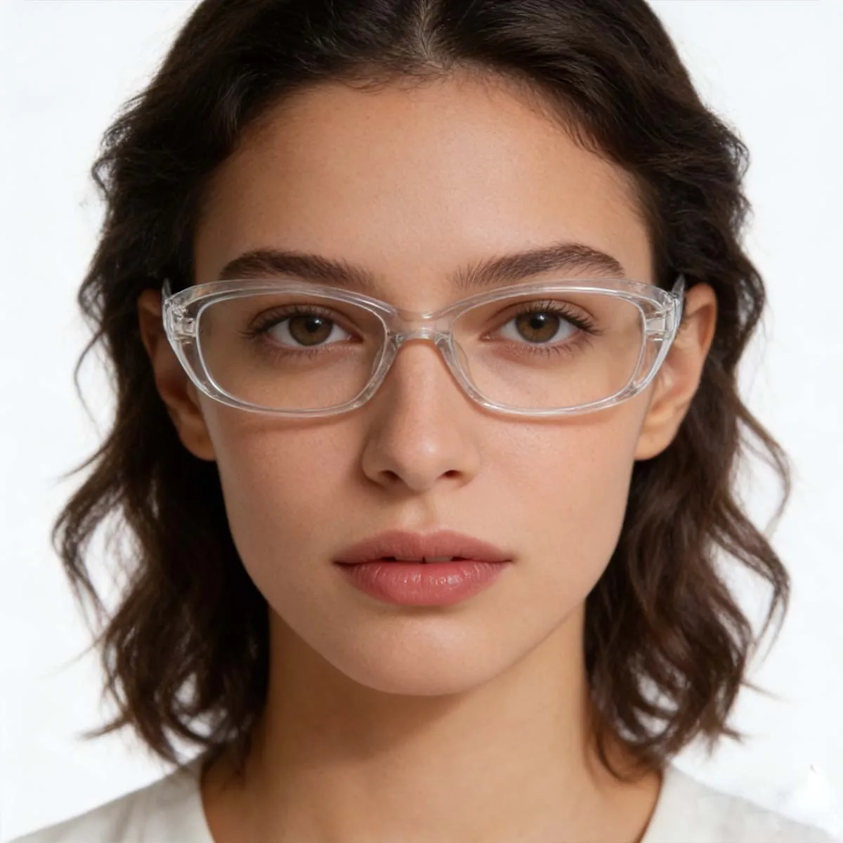 Lunettes de sécurité anti-lumière bleue multifocales portées par une femme souriante, travaillant sur un écran d'ordinateur.