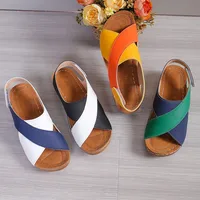 Sandales à l'offre elles compensées pour femmes, chaussures de plage confortables, en cuir PU, patchwork, été 4