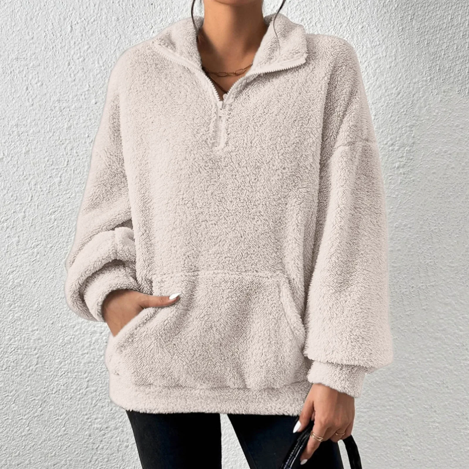 thumbnail image 1 of Sudadera corta para mujer, para hacer ejercicio, con media cremallera, bolsillos grandes, hombros caídos, sudadera de peluche Rambling Store, 1 of 4