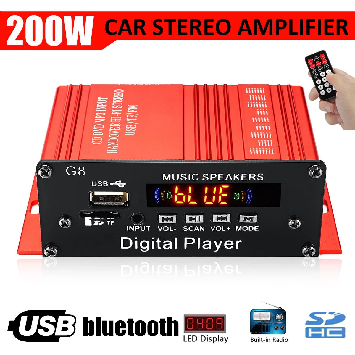 12V 200W 2CH Mini Digital bluetooth HIFI Audio Power Amplifier Car Audio Amplificador Stereo Amplifiers FM Radio USB W/Remote home audio amplifier Audio Amplifier Boards