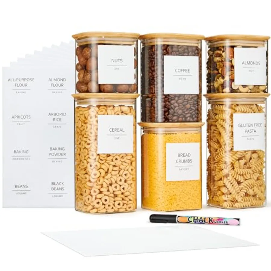 Square Glass Food Storage Containers - Airtight and Labeled Glass Kitchen Storage Containers - Space-Saving Stackable Square Pa