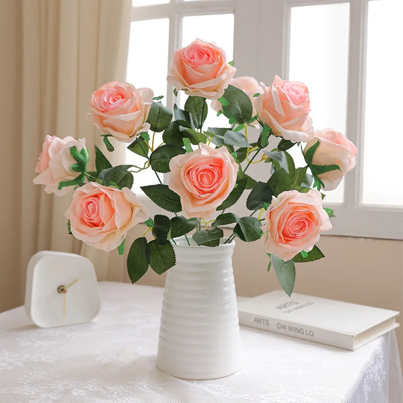 

Floral Home Decoration 9 Heads Artificial Rose Flowers Bouquet Wedding Decor Bride Holding Bouquet Fake Rose Party Table Layout