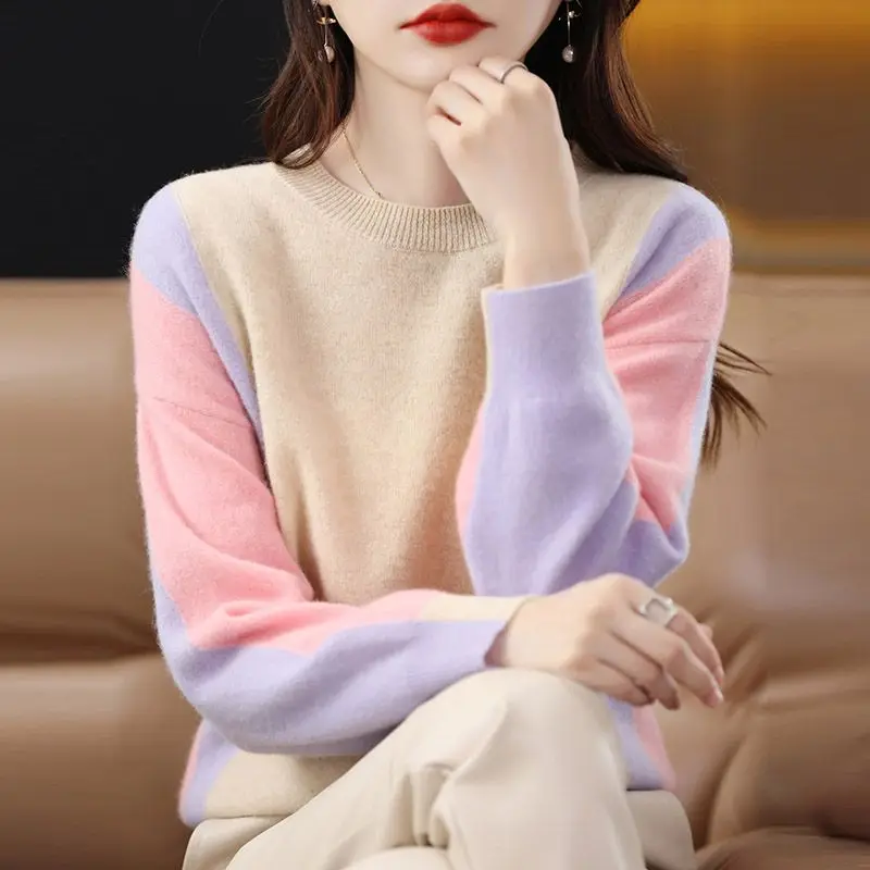 

Women's Pullover Fashion Patchwork Slim Knit Autumn and Winter Korean Loose Long Sleeve Round Neck Office Lady Thickened Sweater