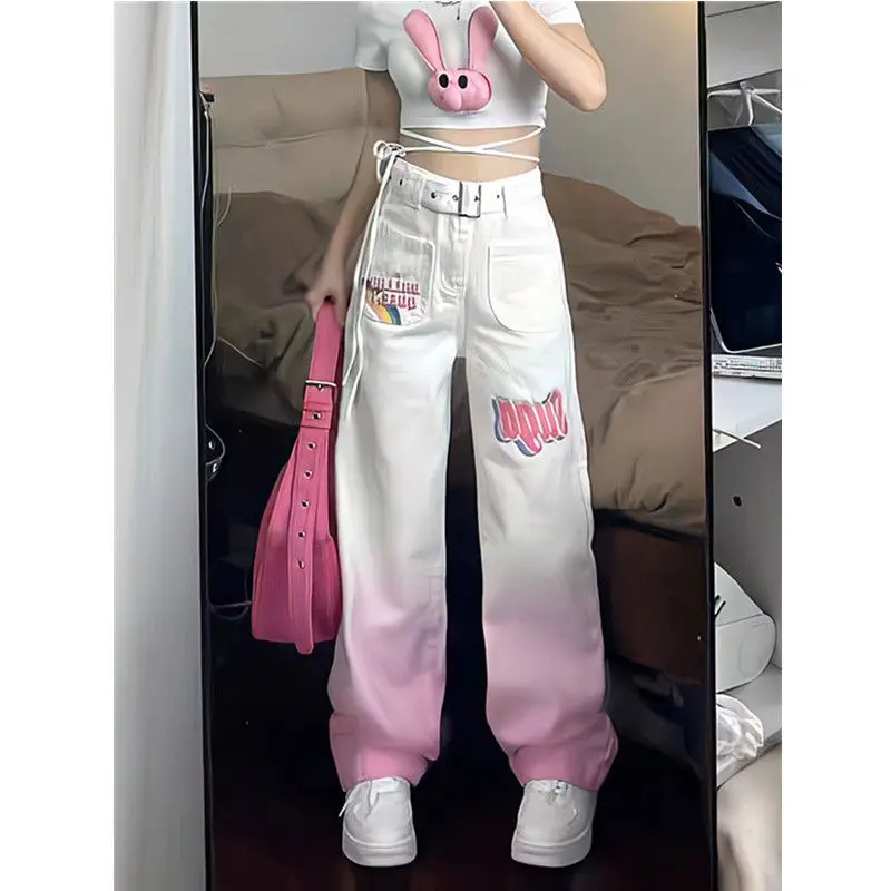 Y2K Pants Gradient Pink Jeans Streetwear Women Harajuku High