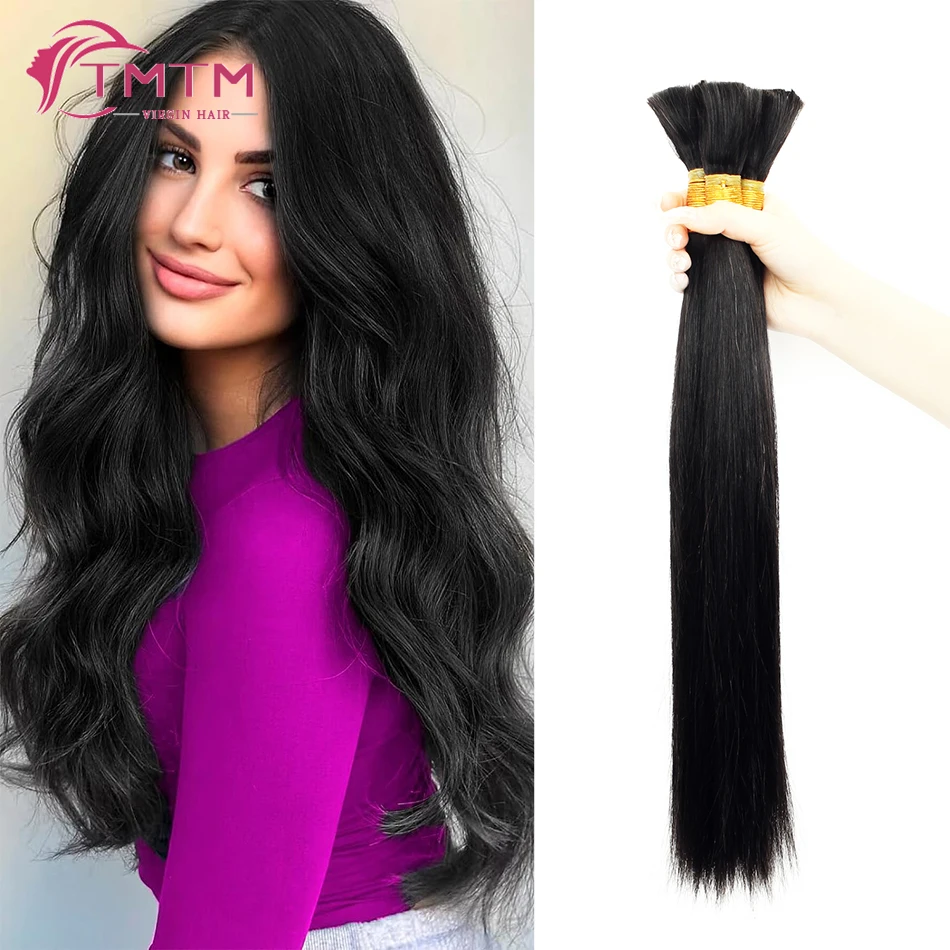 

Jet Black Bulk Human Hair For Braiding No Weft Brazilian Straight Remy Human Hair Weaving Off Black Thick End 100G 16-28 Inch