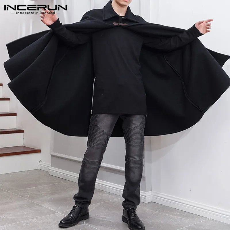 INCERUN Men Long Sleeveless Shawl Cape Coats Casual Loose Solid All-match Overcoats Trench American Style S-5XL trench coat casual men jacket outdoor jackets
