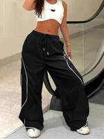 Y2K Casual Striped Contrasting Elastic Waist Workwear Parachute Pants Women's Mid-Rise Drawstring Wide Leg Loose Fit Cargo Pants - Image 3