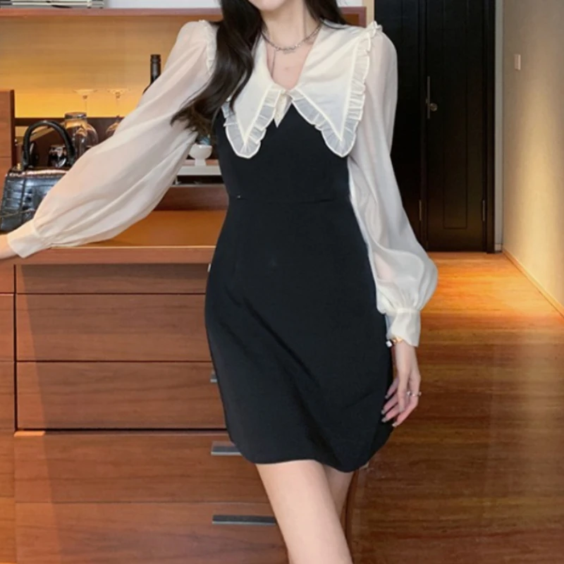 

Платье женское с длинным рукавом, милое дизайнерское милое мини-платье в Корейском стиле для студентов, с завышенной талией, с воротником «Питер Пэн», на лето